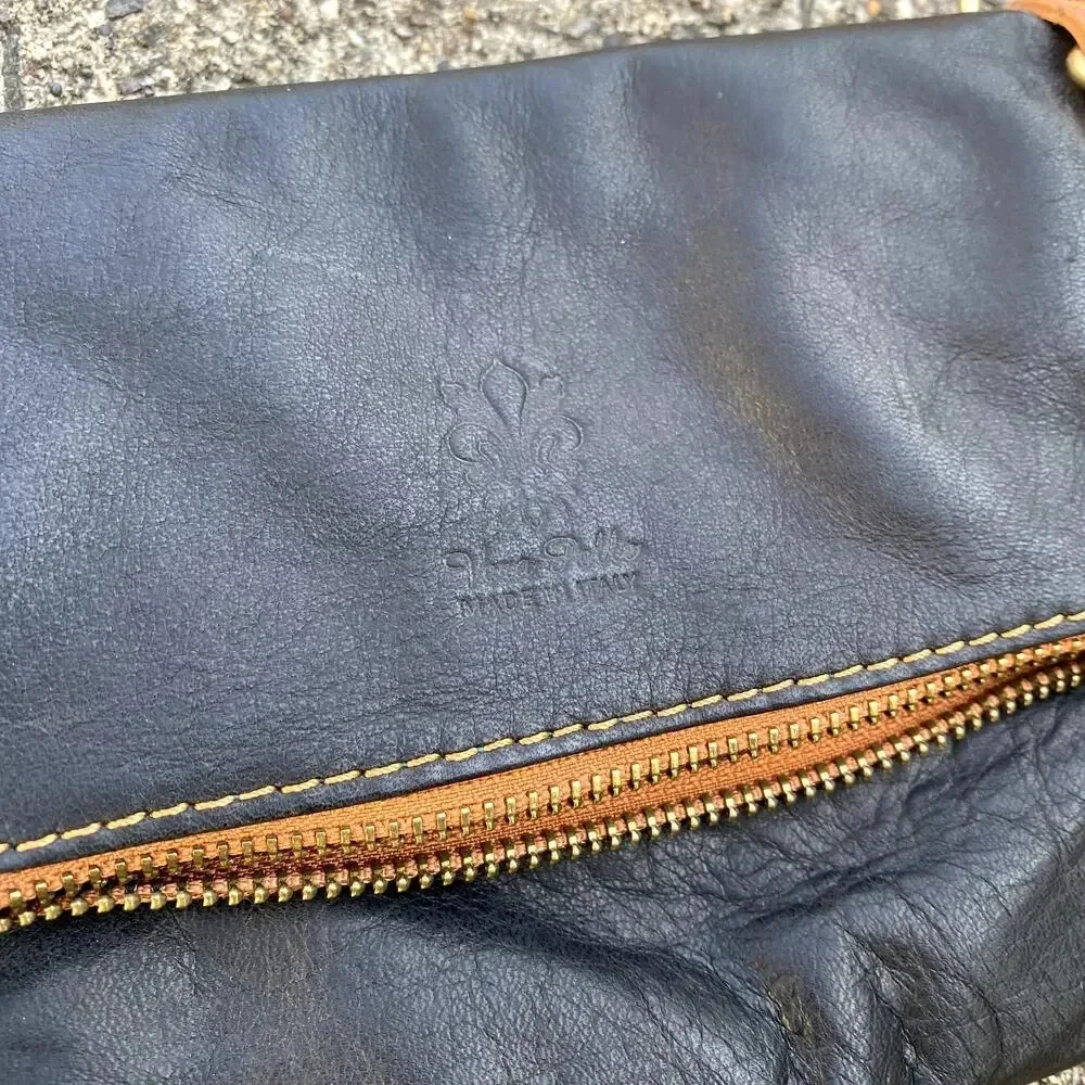Vera Pelle Italian Leather Black Crossbody Tassel Clutch Bag